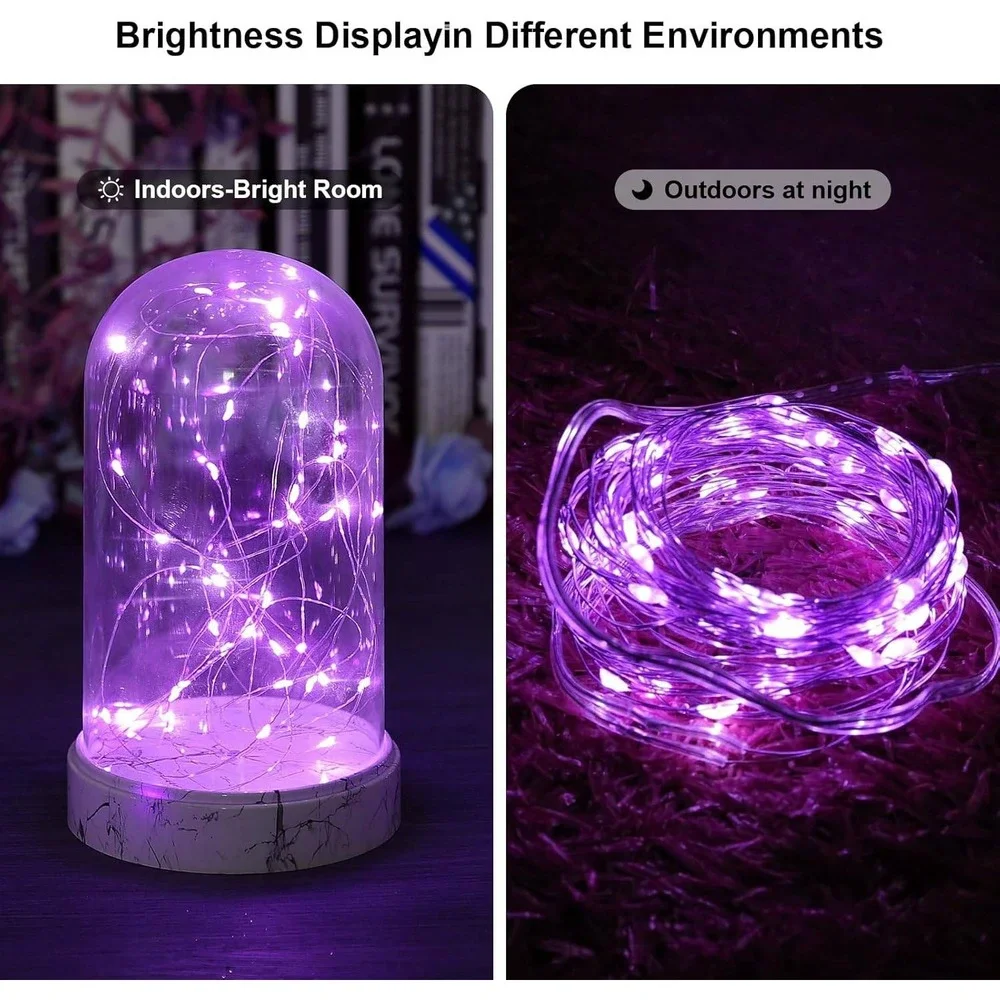 Purple LED Fairy Lights 16ft 50LED Battery Operated Waterproof 8 Modes Timer